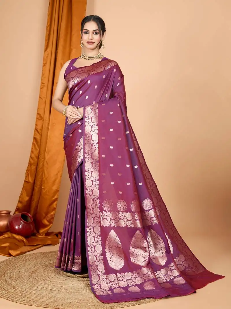Wine woven jari designer banarasi silk blend saree