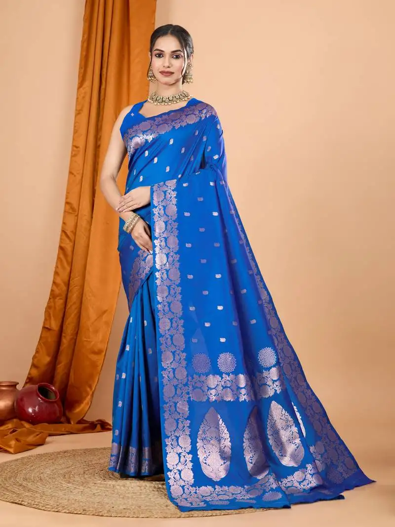 Royal blue woven jari designer banarasi silk blend saree