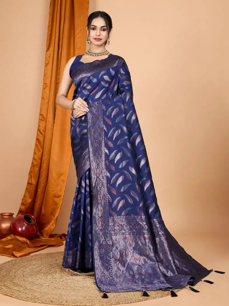 Woven double jari designer navy blue soft silk blend partywear saree