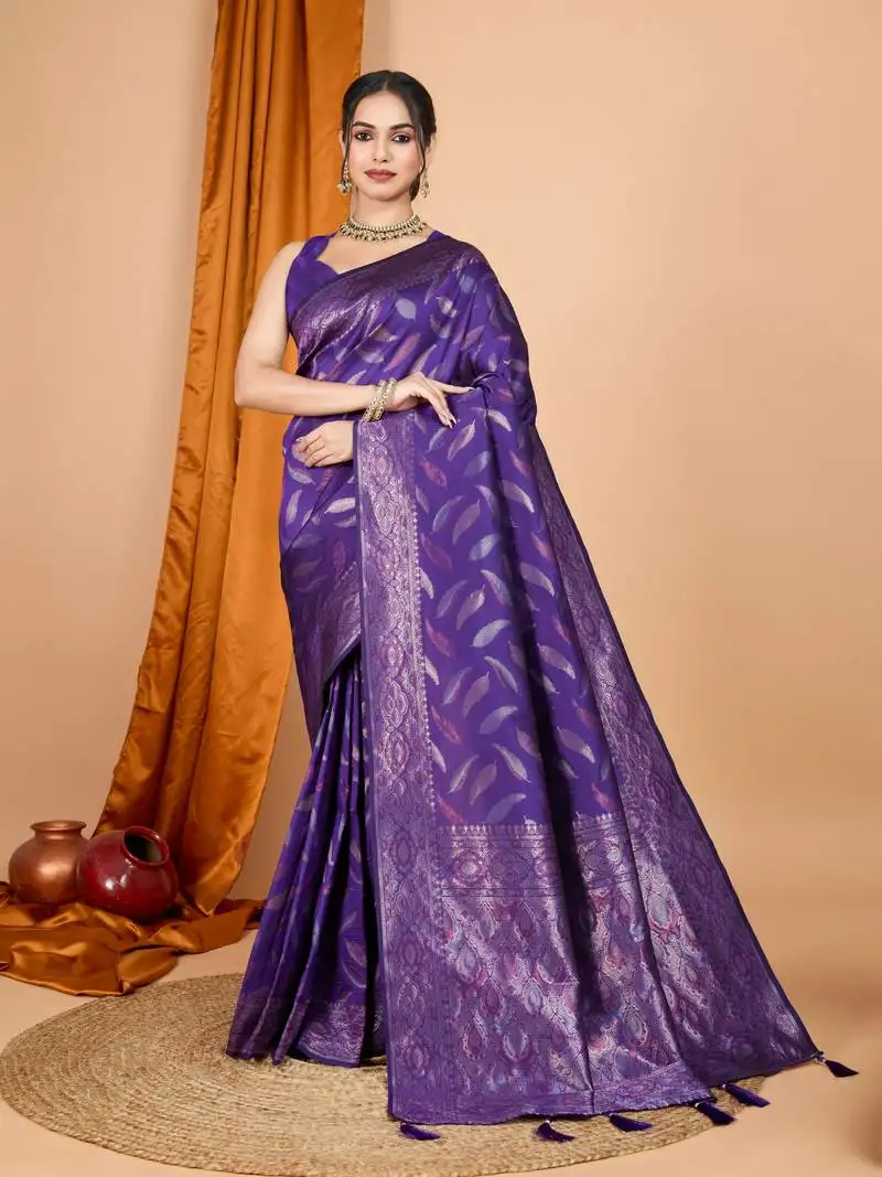 Woven double jari designer lavender soft silk blend partywear saree
