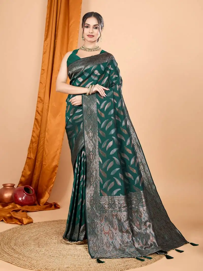 Woven double jari designer green soft silk blend partywear saree