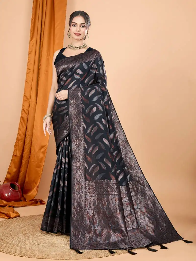 Woven double jari designer black soft silk blend partywear saree