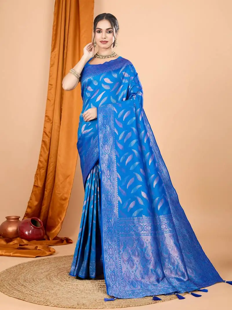 Woven double jari designer blue soft silk blend partywear saree