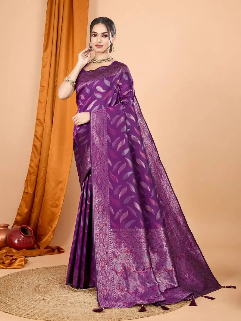 Woven double jari designer purple soft silk blend partywear saree