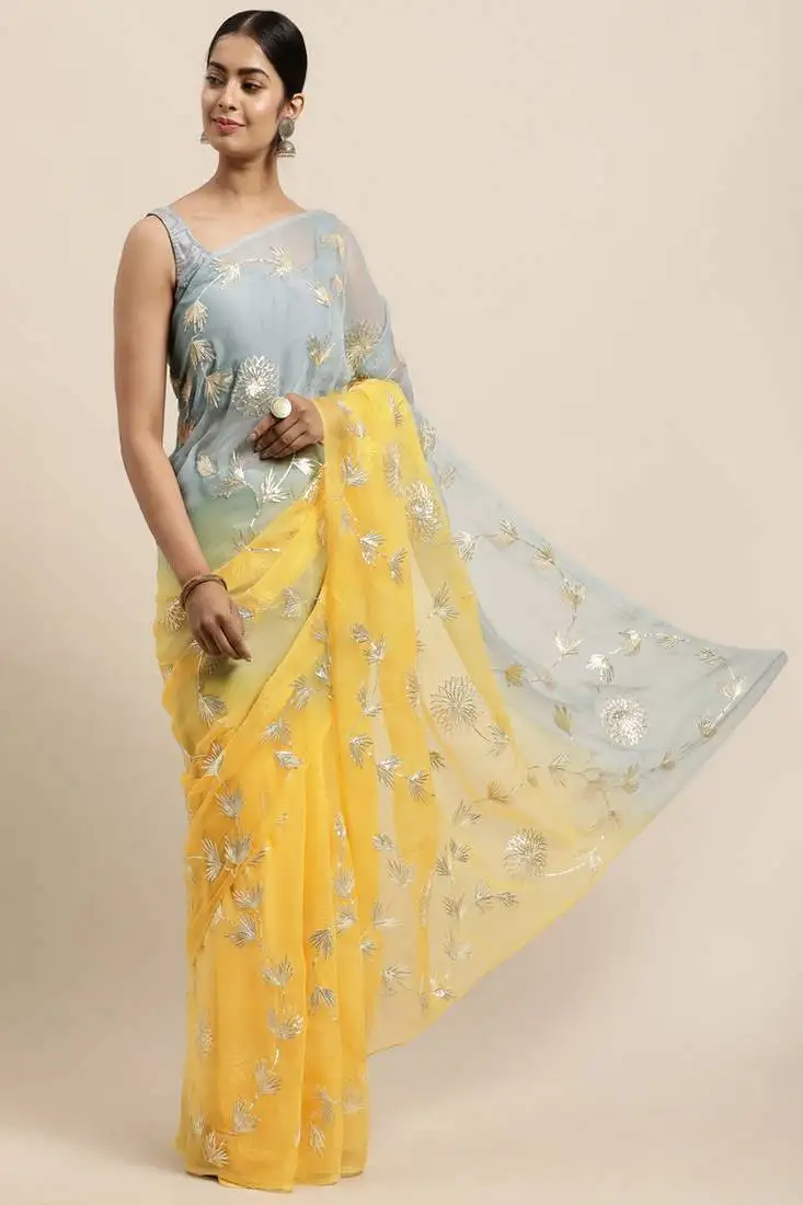 Yellow organza designer gota patti work saree