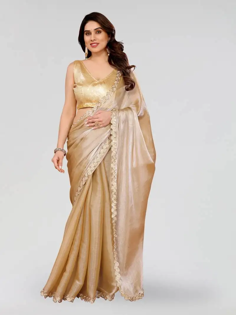 Beige jimmy choo sequin embroidery cut work partywear saree