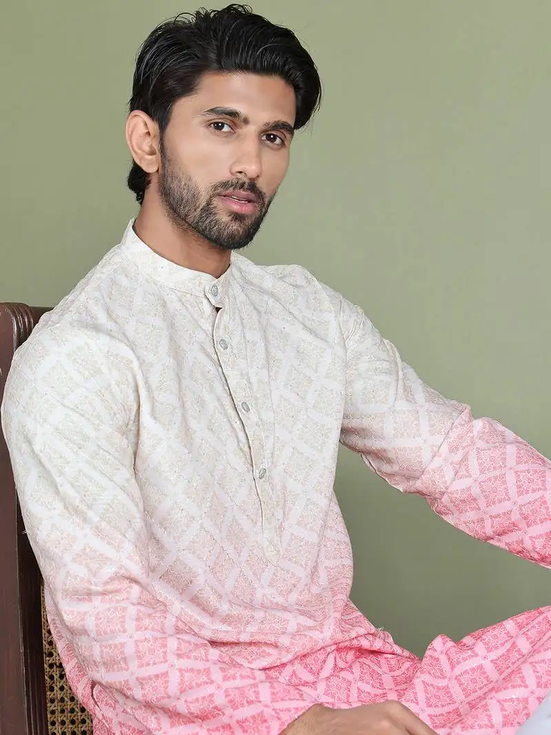 Peach cotton blend printed kurta pyjama set