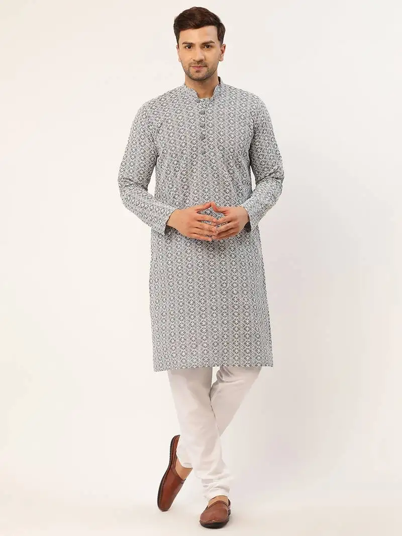Grey pure cotton embroidered kurta pyjama set