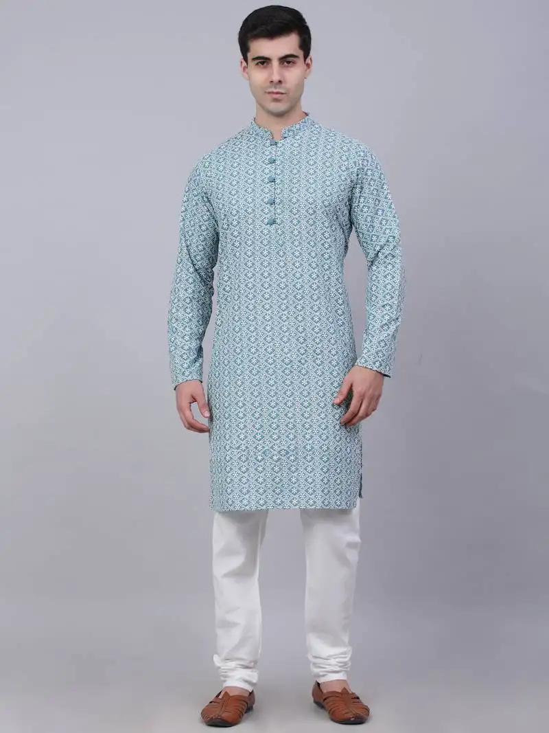 Teal pure cotton embroidered kurta pyjama set