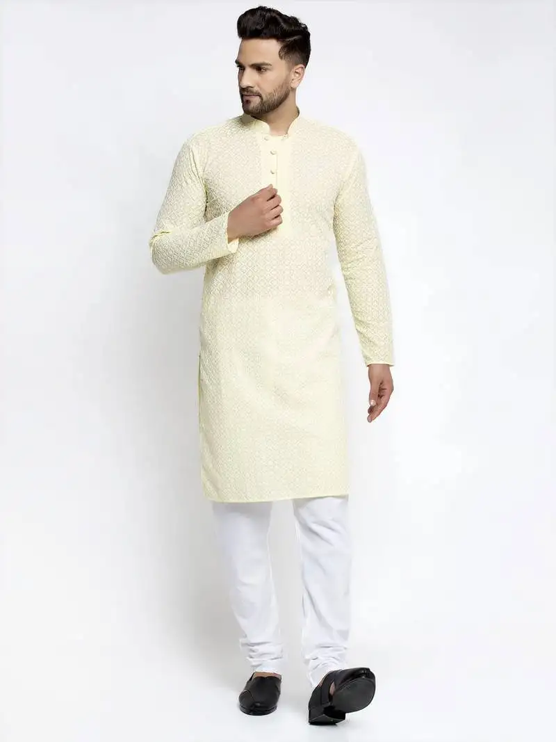 Yellow pure cotton embroidered kurta pyjama set