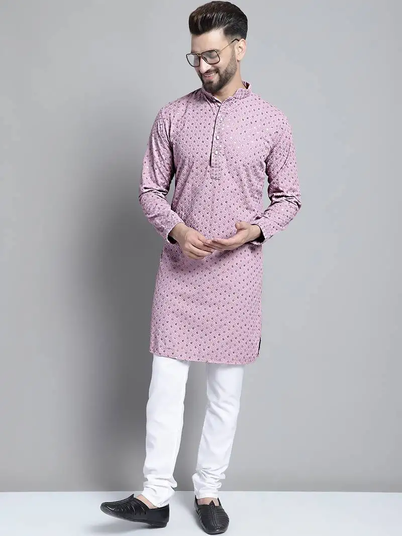 Purple pure cotton embroidered kurta pyjama set