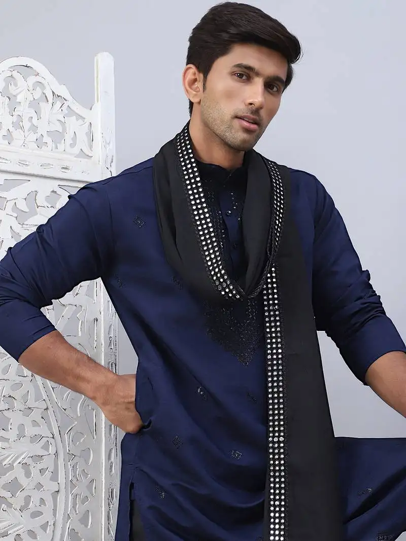 Navy silk blend embroidered blue kurta pyjama set