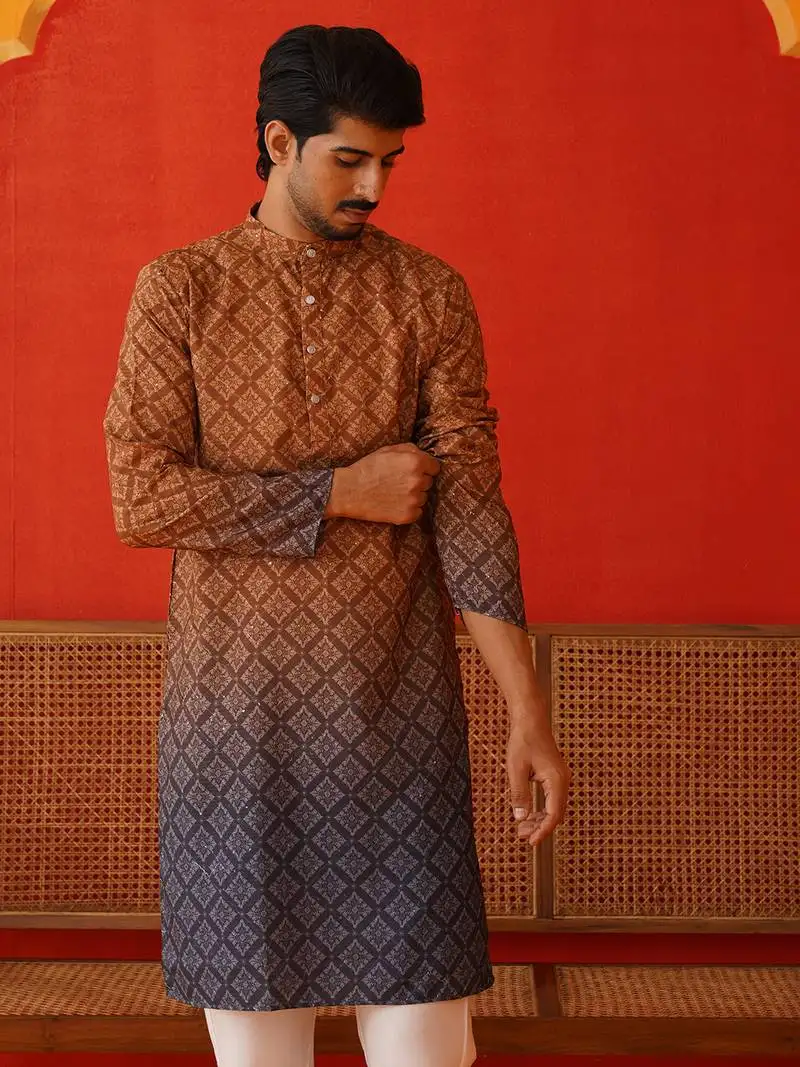 Brown cotton blend printed kurta pyjama set