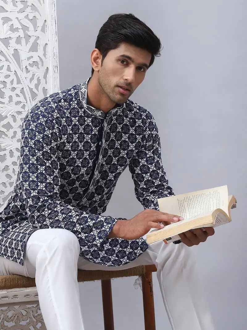 Navy viscose rayon embroidered blue kurta pyjama set