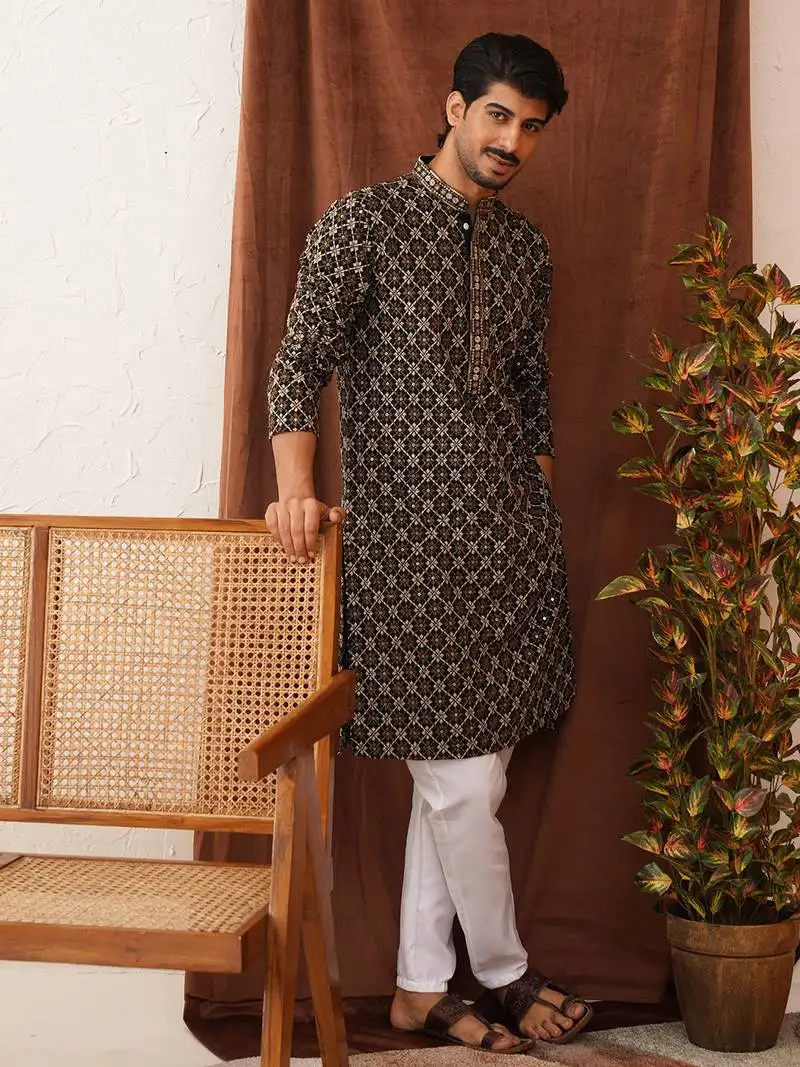 Black viscose rayon embroidered kurta pyjama set