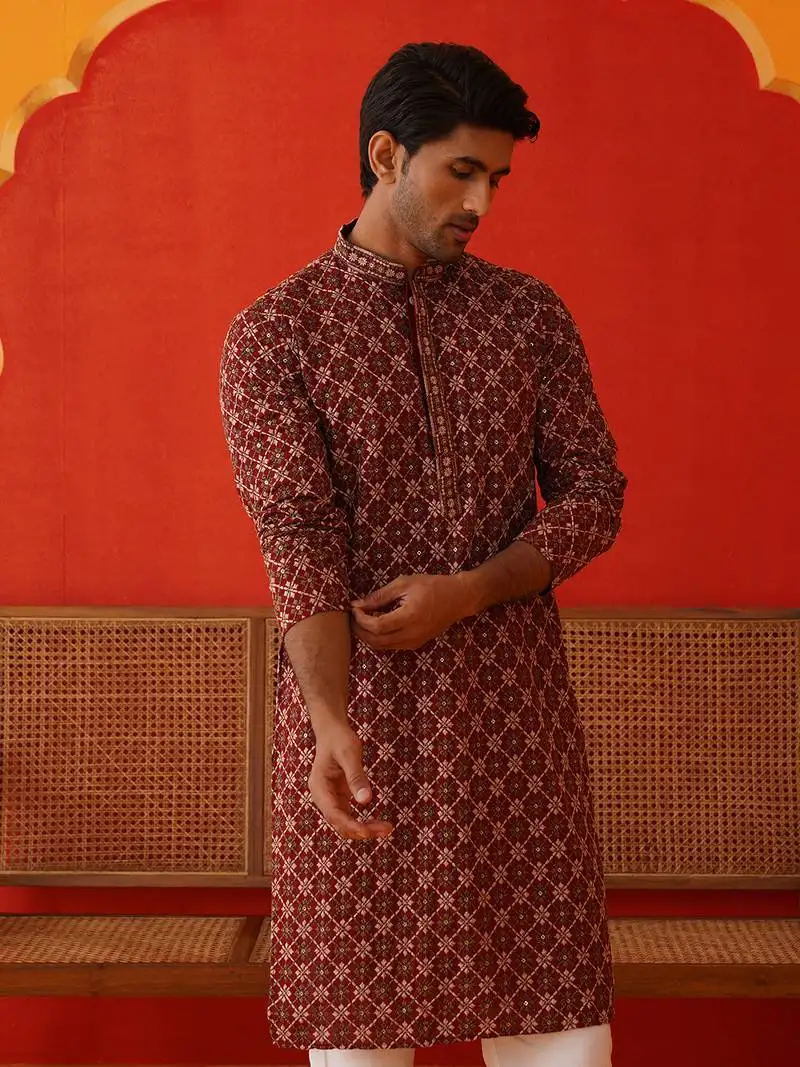 Maroon viscose rayon embroidered kurta pyjama set