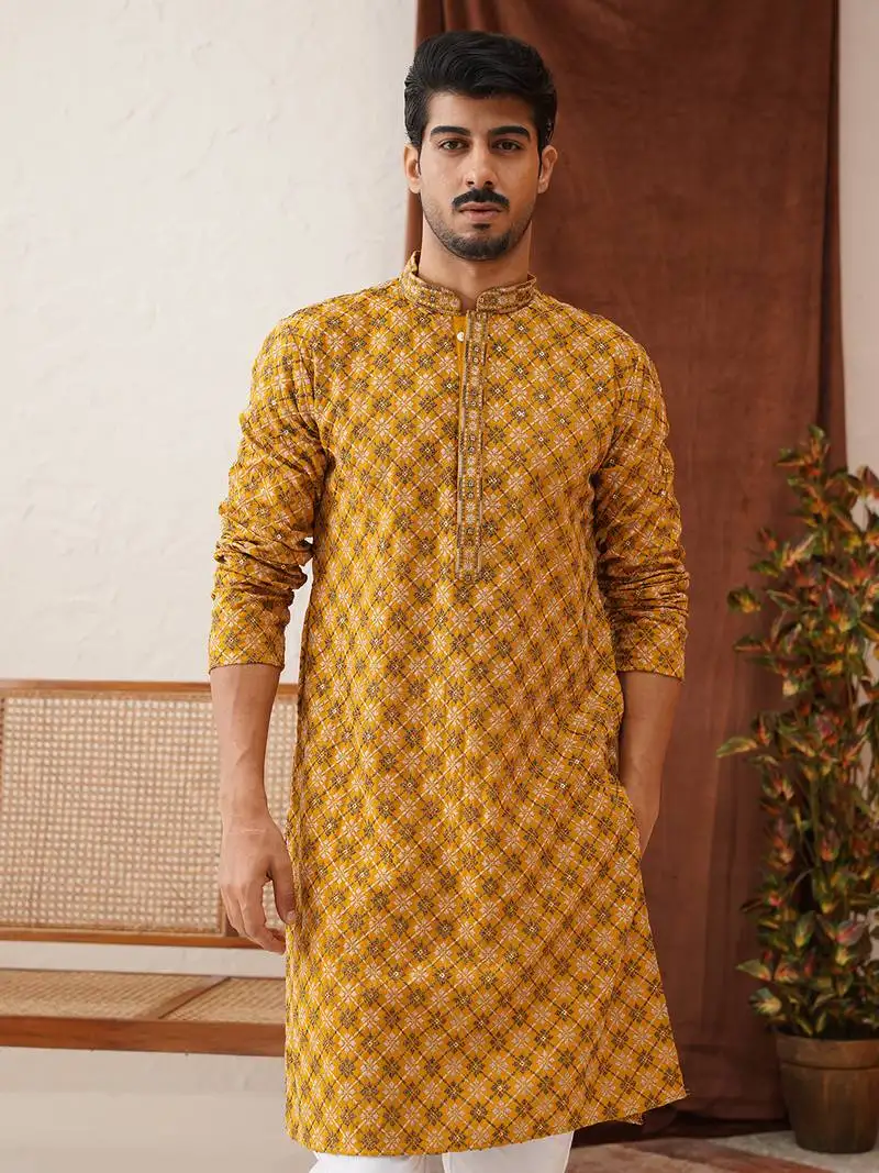 Mustard viscose rayon embroidered kurta pyjama set