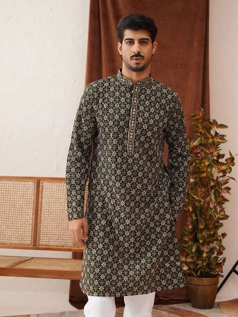Olive viscose rayon embroidered kurta pyjama set