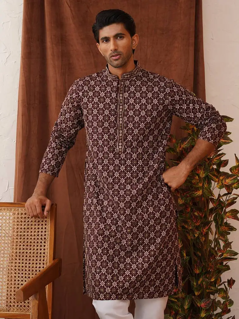 Purple viscose rayon embroidered kurta pyjama set