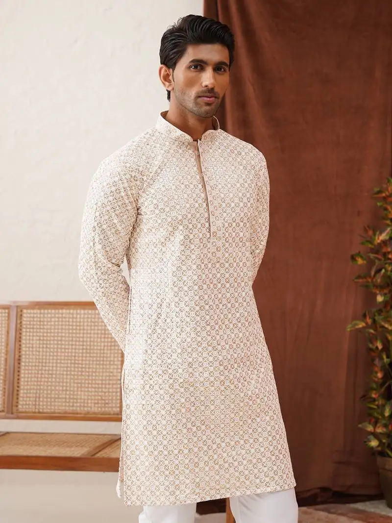 Beige cotton blend embroidered kurta pyjama set