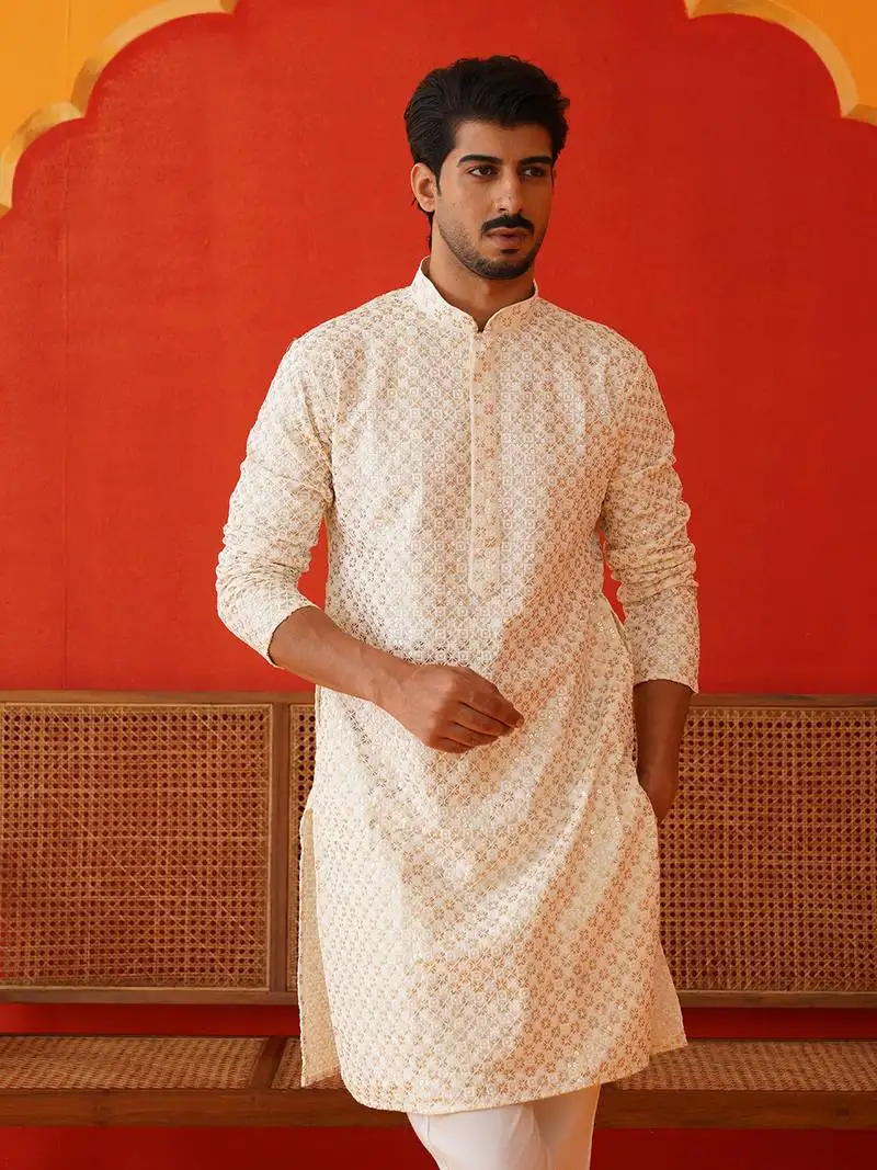 Cream cotton blend embroidered kurta pyjama set