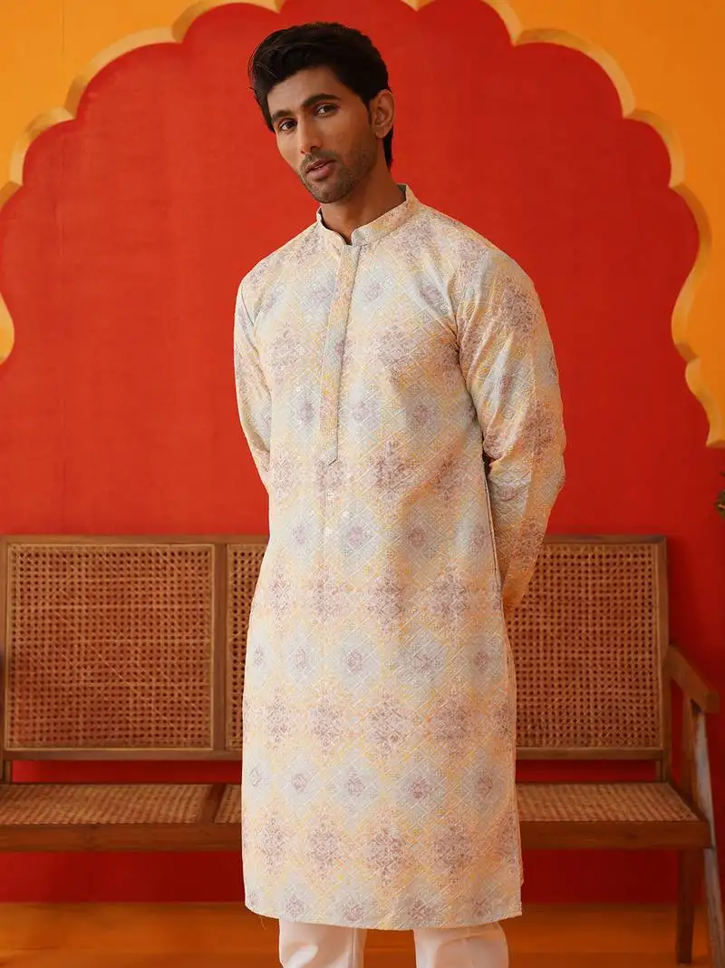 Grey viscose rayon embroidered kurta pyjama set