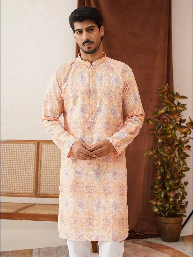 Peach viscose rayon embroidered kurta pyjama set
