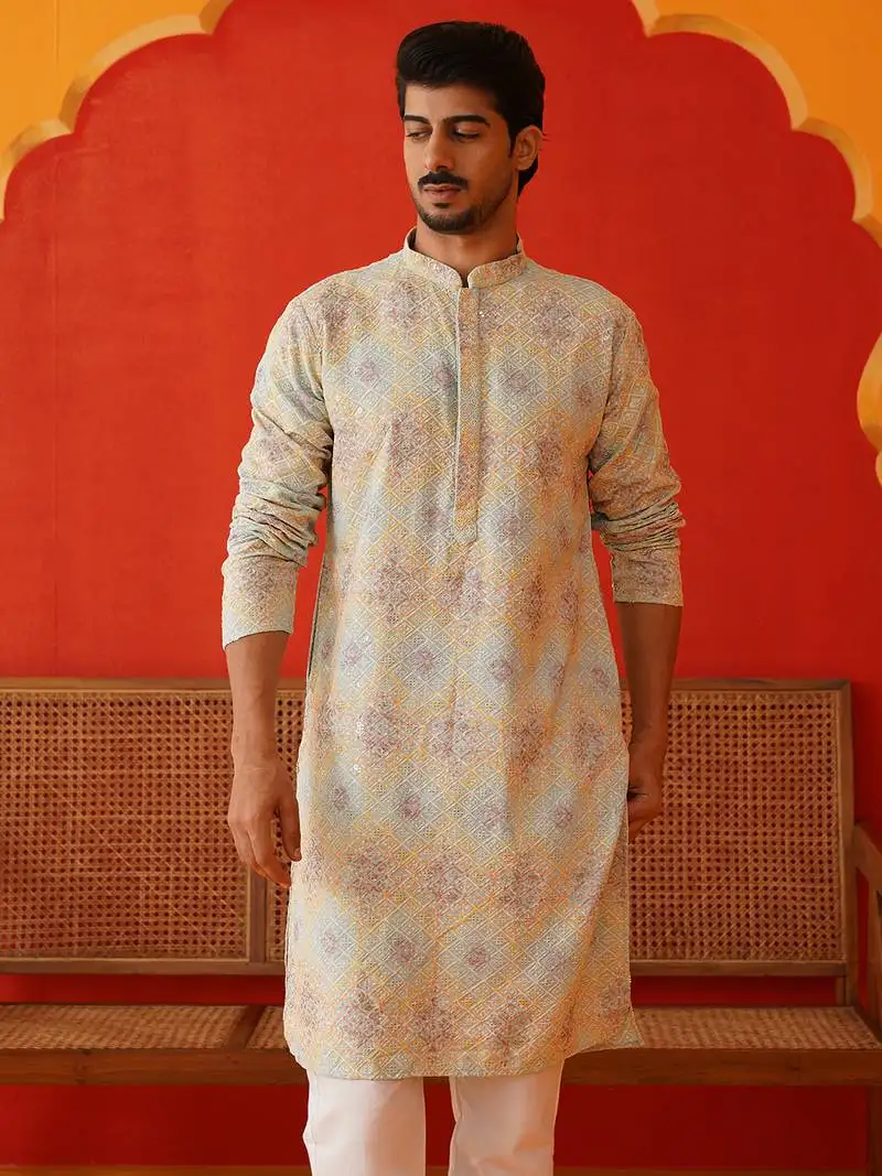 Sky viscose rayon embroidered kurta pyjama set