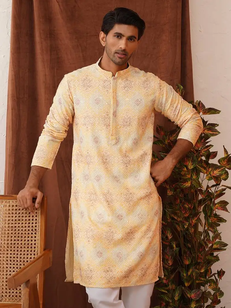 Yellow viscose rayon embroidered kurta pyjama set