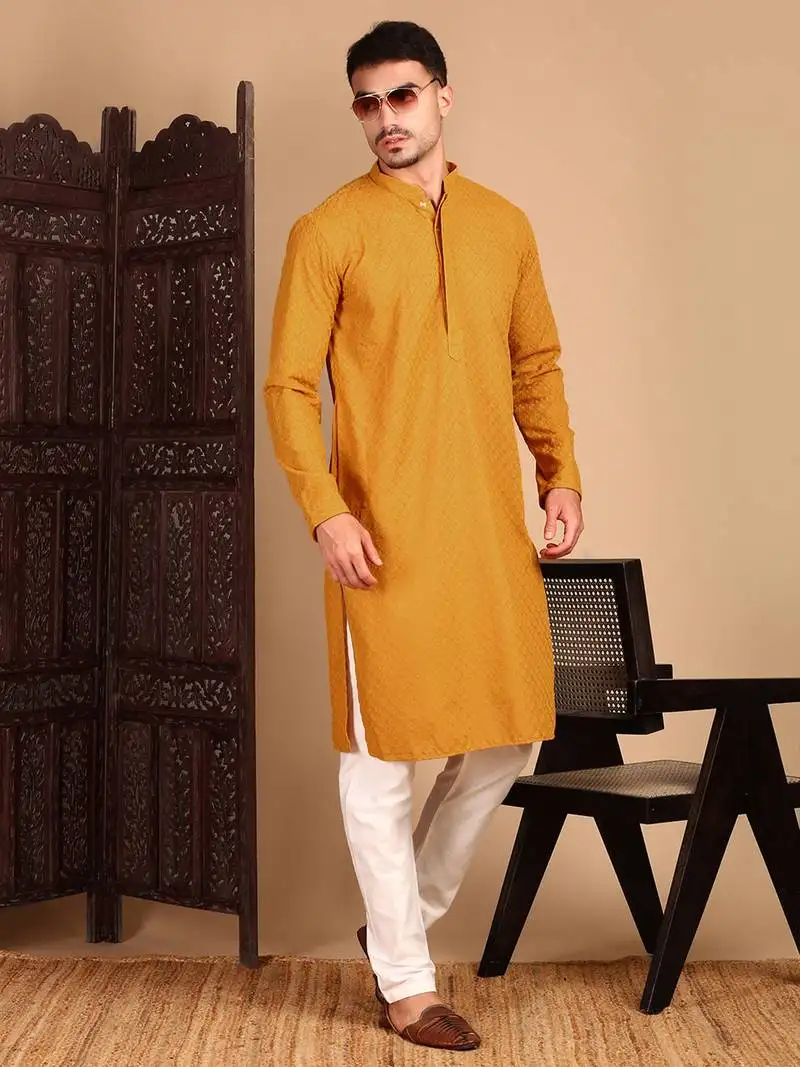 Mustardsolid chikankarikurtahandcrafted