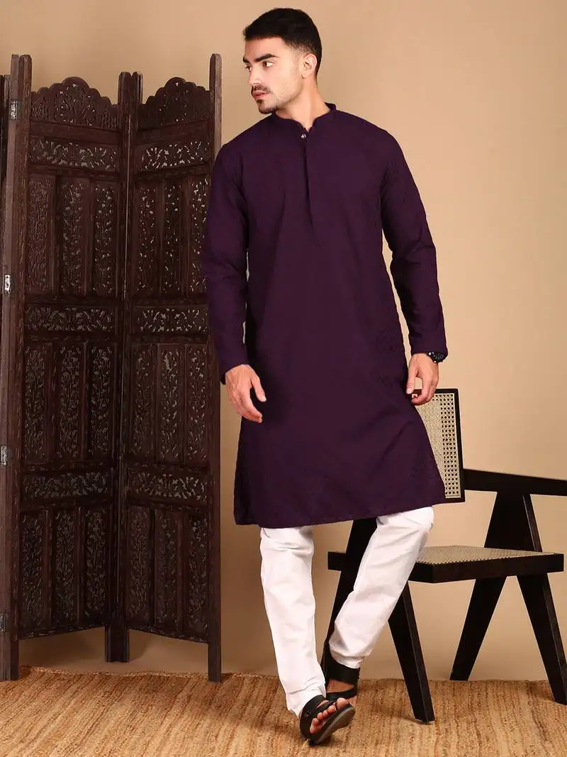 Purple solid chikankarikurtahandcrafted