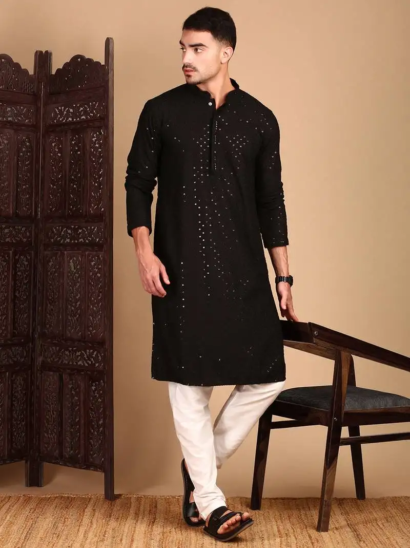 Black shimmeringsequinchikankari work kurta