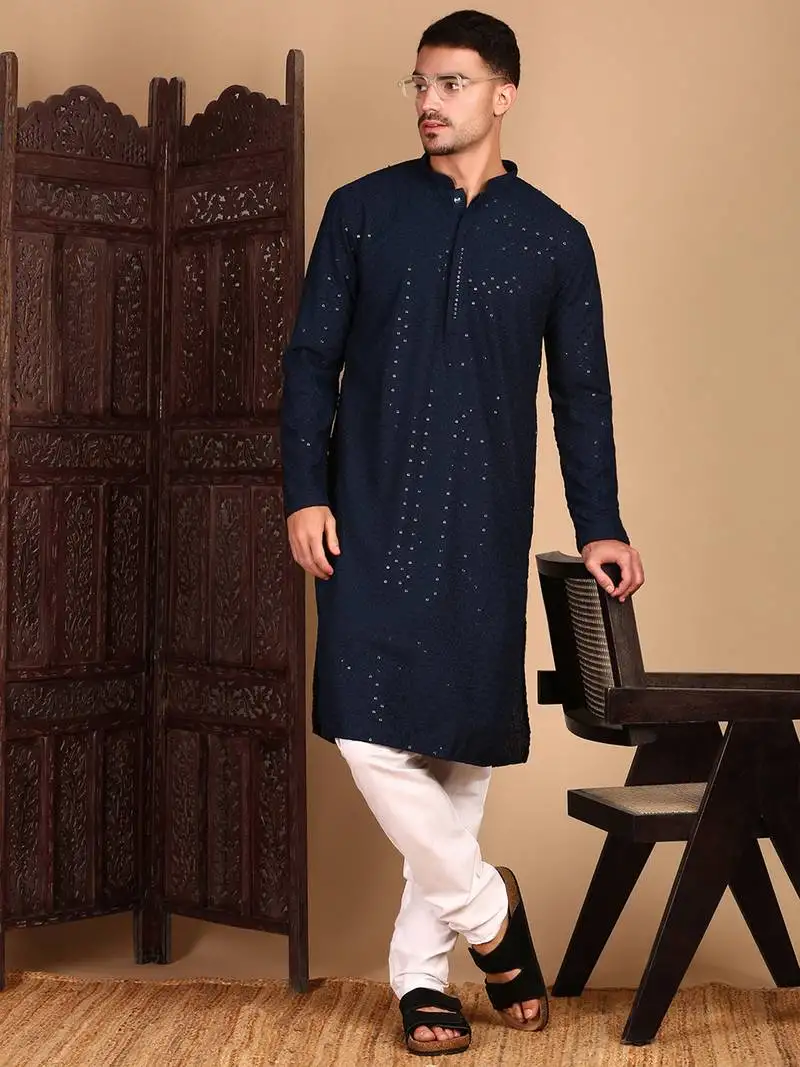 Deep blue shimmering sequin exquisite chikankari work kurta