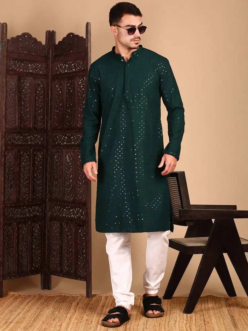 Deep green shimmering sequin exquisite chikankari work kurta