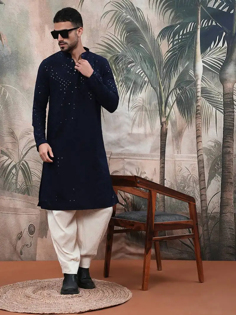 Deep blue sequinchikankari work kurta