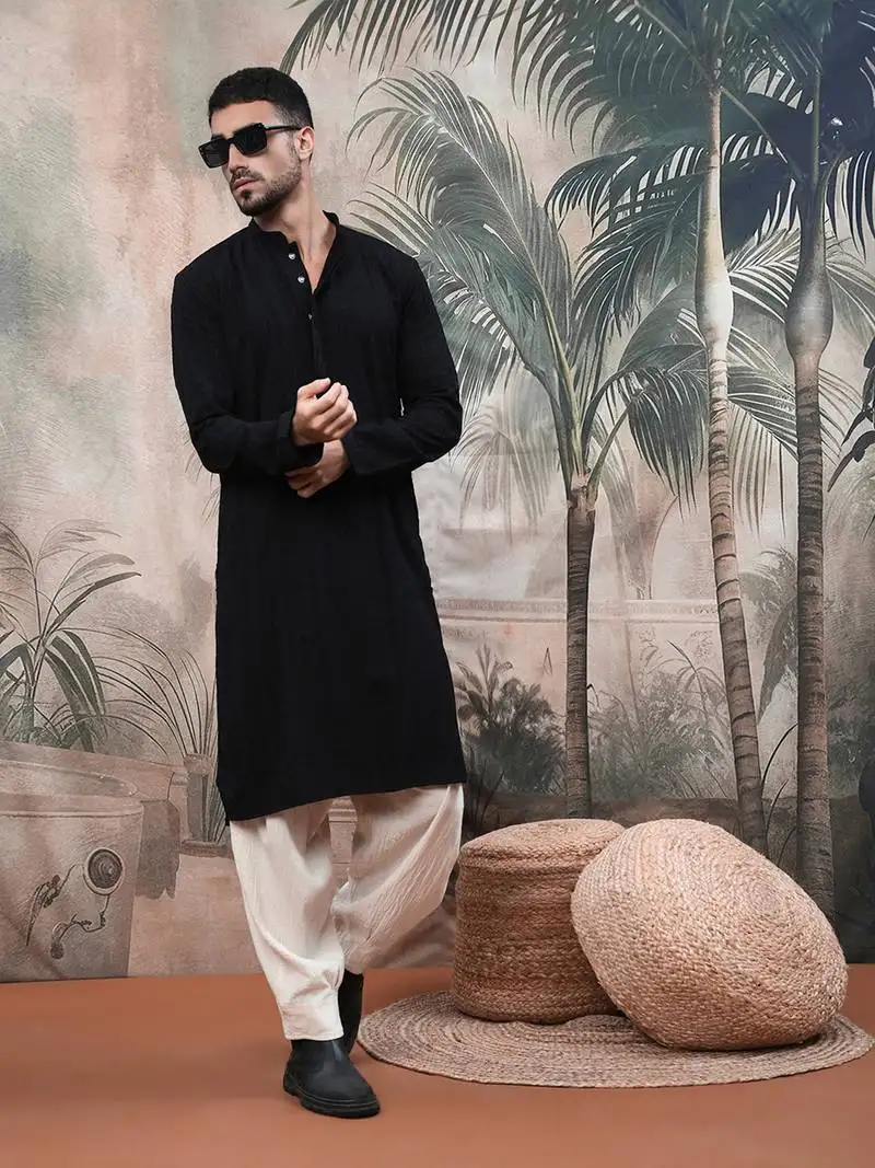Solid chikankari black kurta handcrafted