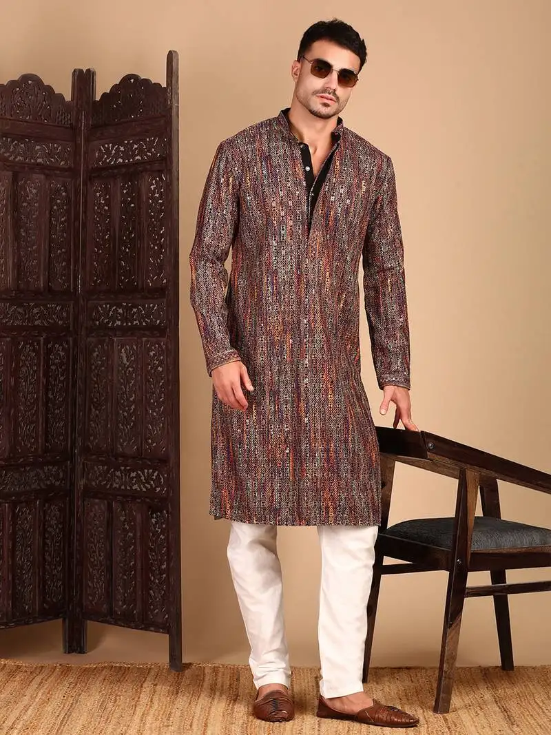 Beige chicgeometric patternchikankari kurta with sequin