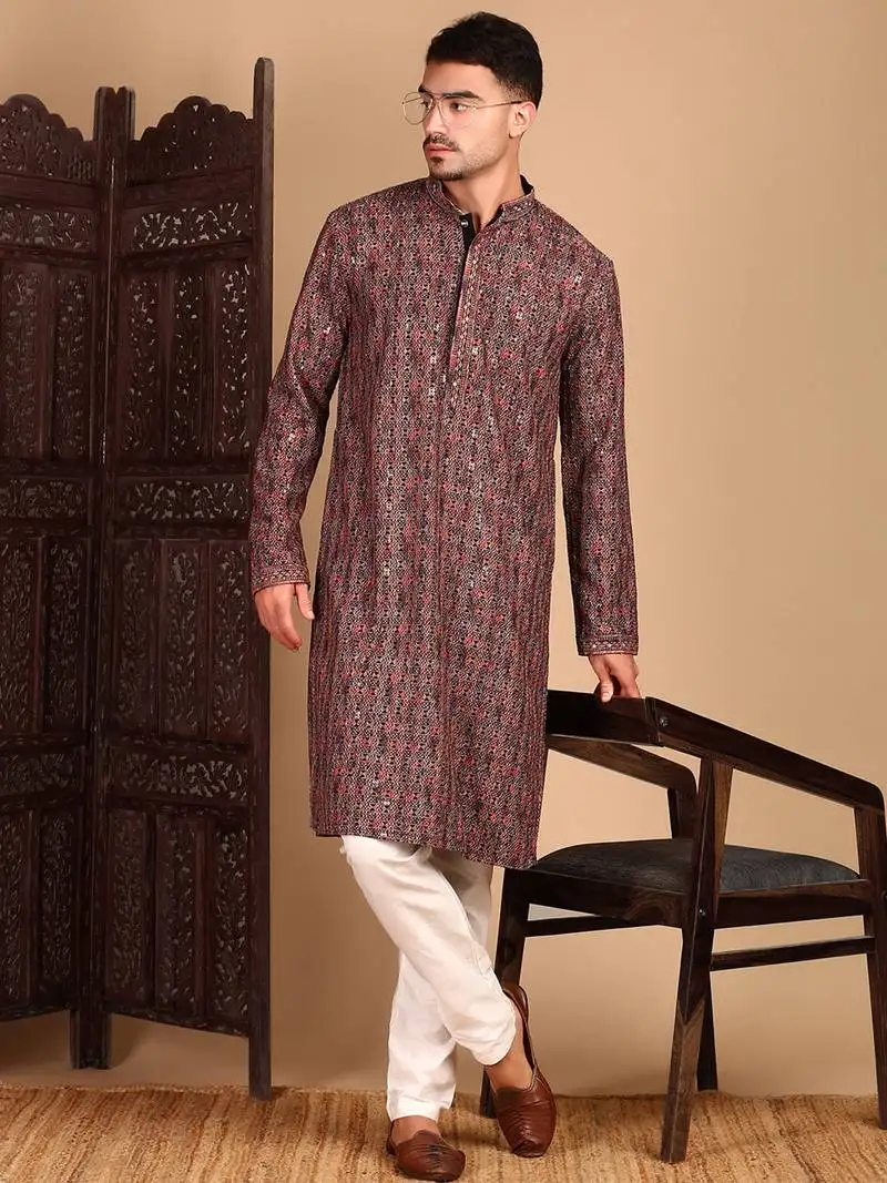 Brown chicgeometric patternchikankari kurta with sequin