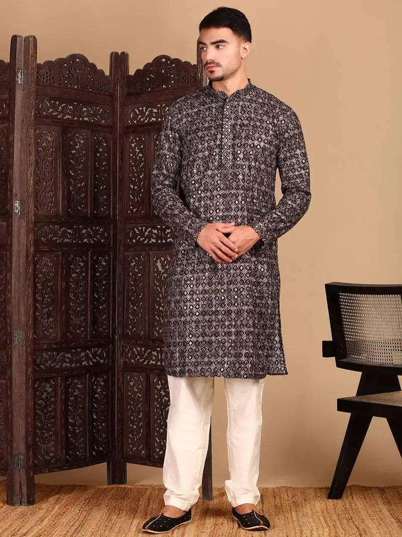 Black chicgeometric patternchikankari kurta with sequin