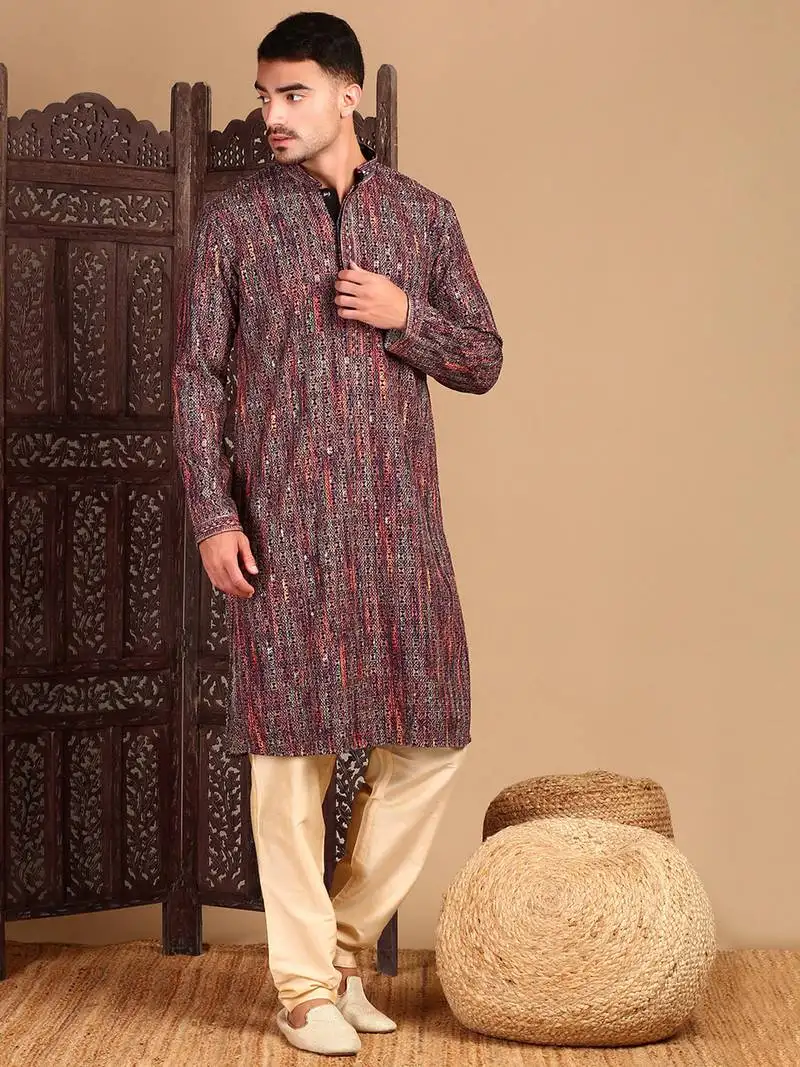Orange chicgeometric patternchikankari kurta with sequin