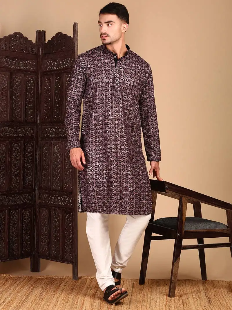 Rust chicgeometric patternchikankari kurta with sequin