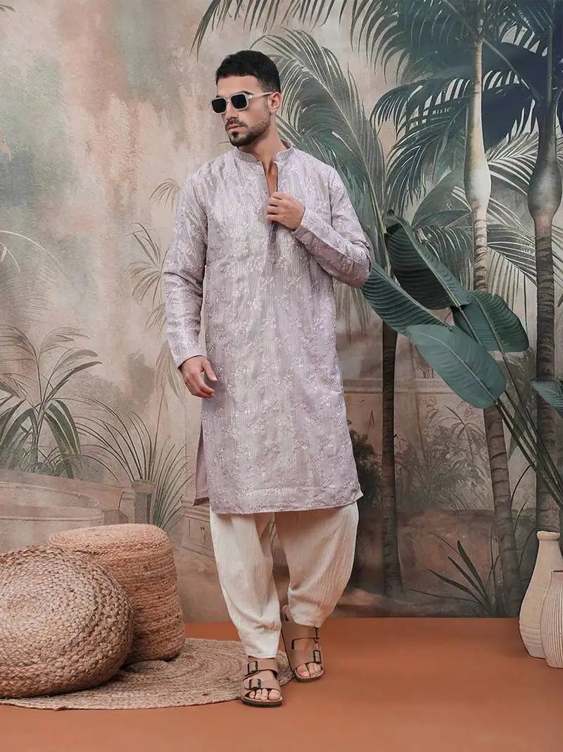Purple solidembroidered rayon kurta