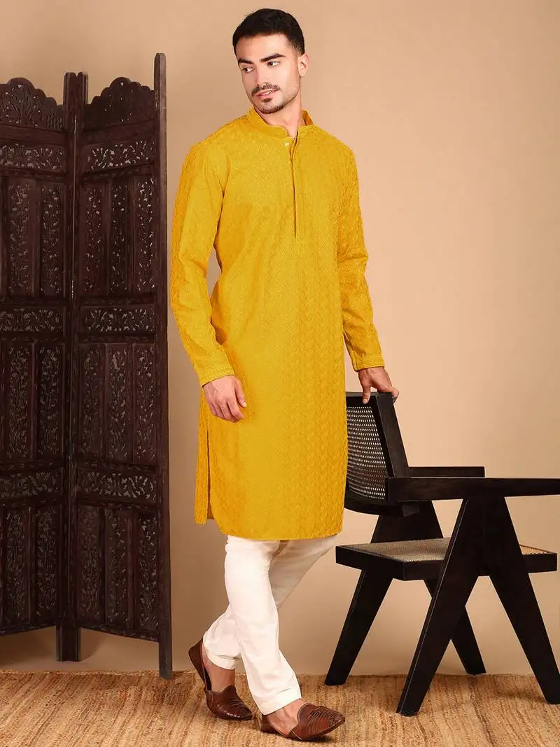 Mustard solid chikankari kurta