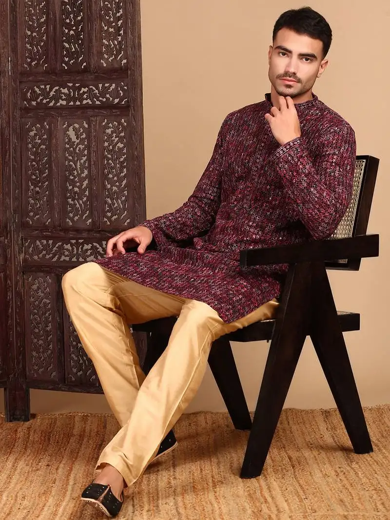 Rust chicgeometric sequin chikankari kurta with