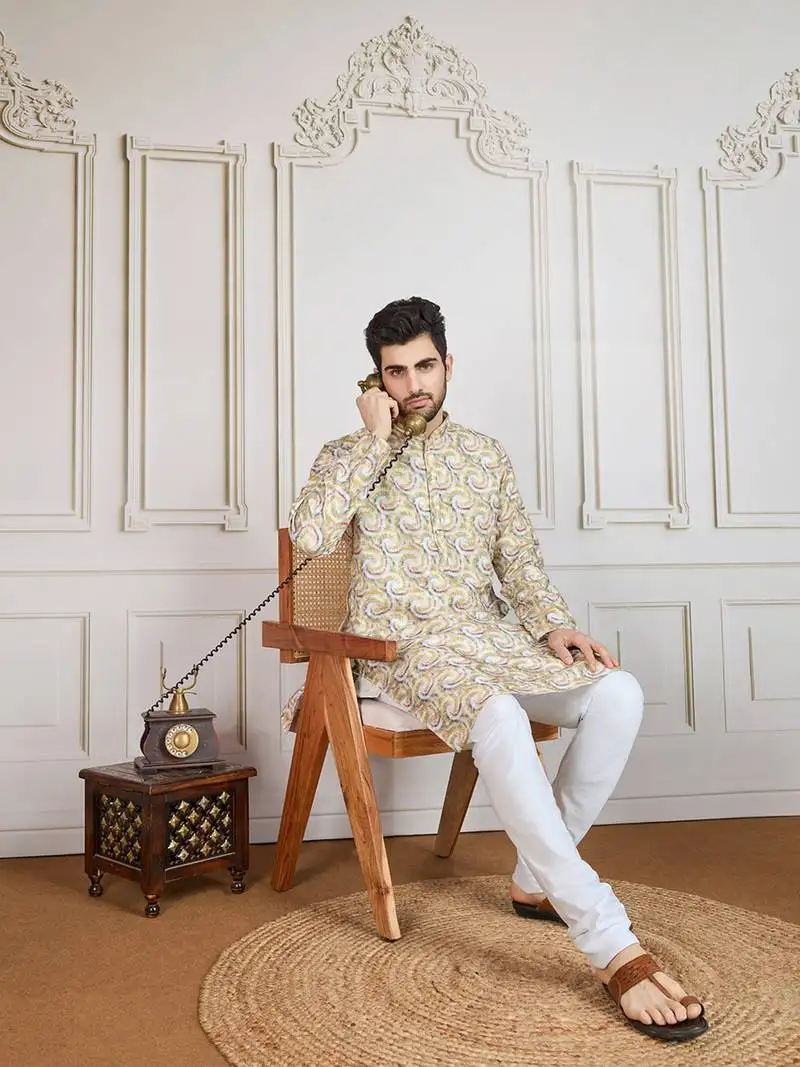 Mustard printed with golden zari work kurta