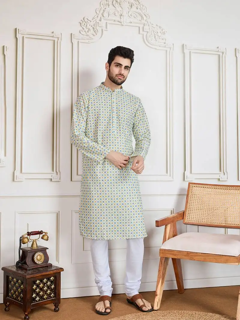 Light yellow printed with sequins work kurta