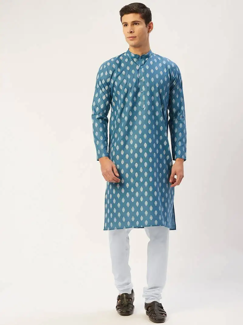 Teal cotton floral printed kurta pyjama set