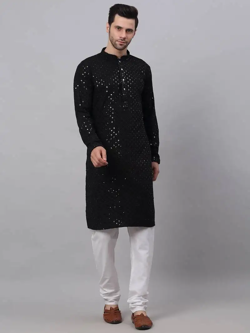 Black chikankari embroidered and sequin kurta with churidar