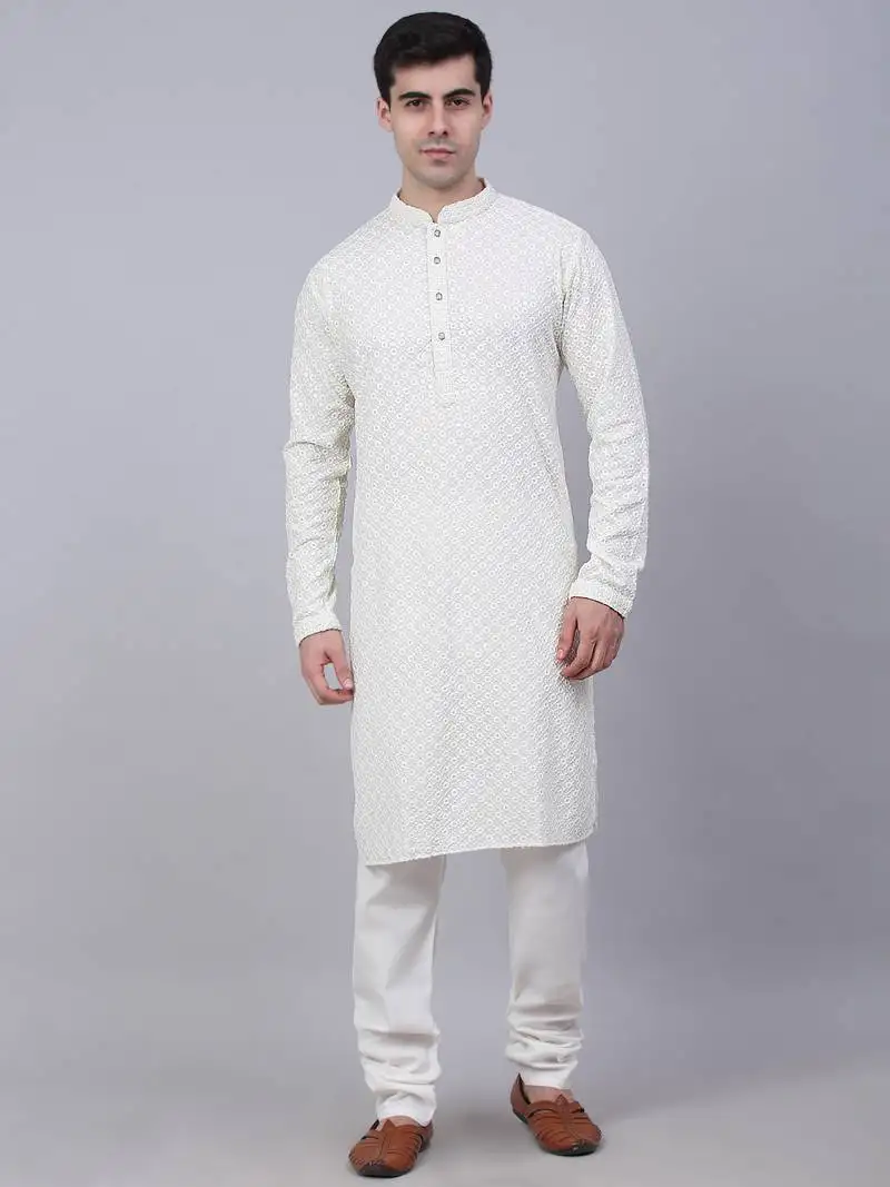 White chikankari embroidered and sequin kurta with churidar
