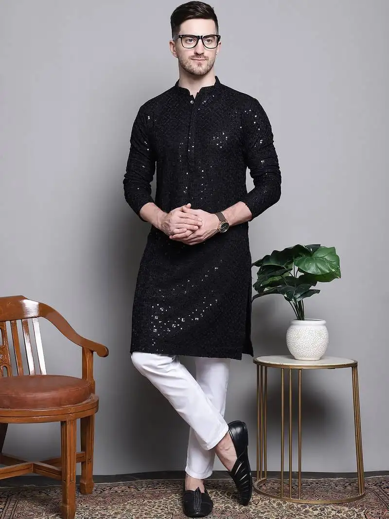 Black sequin embroidered pure cotton kurta with pyjamas